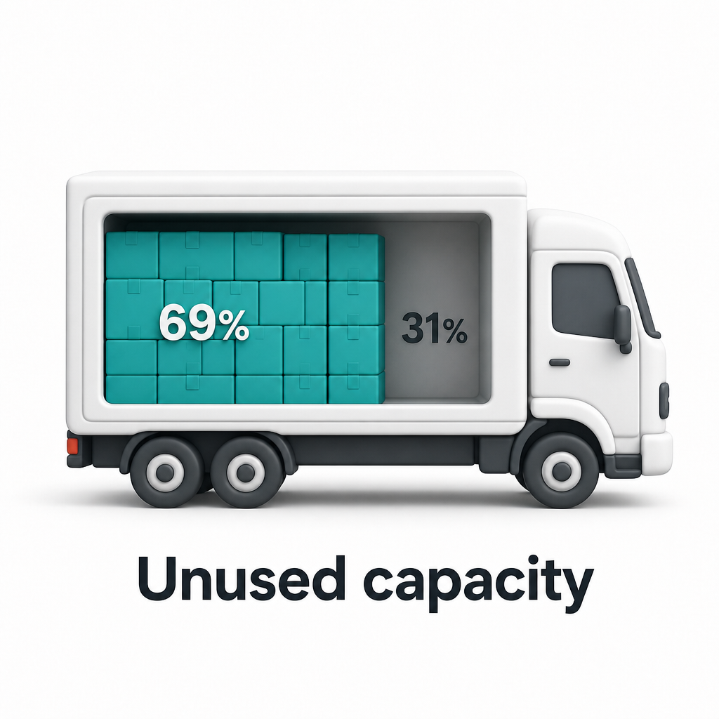 Complete 3D truck with cross-section window showing 69% utilized and 31% unused capacity